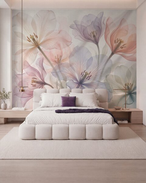 Tapet Flori delicate și transparente, în nuanțe pastelate, în stil acuarelă, Imagini de fundal unice, w09999 : Uwalls.ro