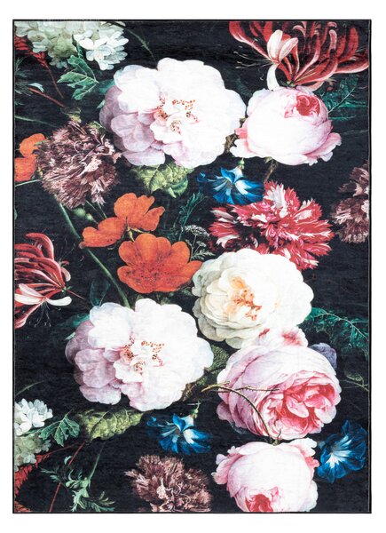 ANDRE 1629 covor lavabil flori vintage anti-alunecare - fekete si roz
