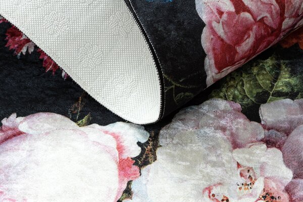 ANDRE 1629 covor lavabil flori vintage anti-alunecare - fekete si roz