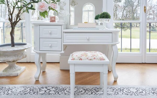Taburet lemn masiv alb Elizabeth /Floral, 40 × 30 × 42 cm