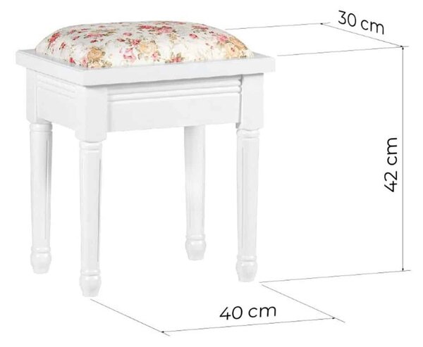 Taburet lemn masiv alb Elizabeth /Floral, 40 × 30 × 42 cm