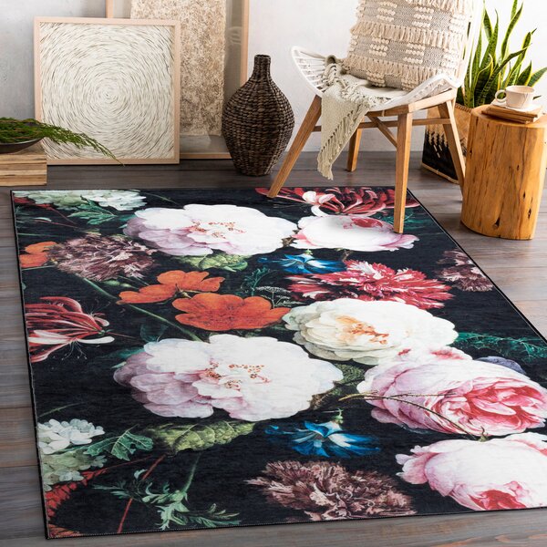 ANDRE 1629 covor lavabil flori vintage anti-alunecare - fekete si roz