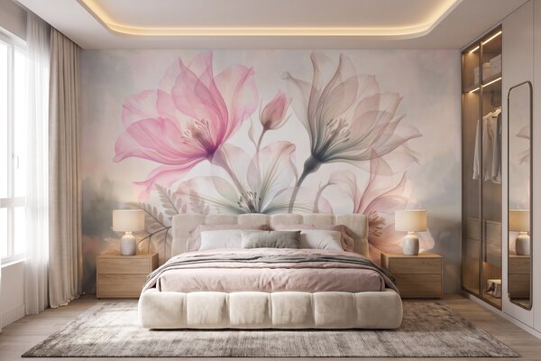 Tapet Flori delicate în nuanțe pastelate de roz și albastru, în stil acuarelă, Imagini de fundal unice, w10009 : Uwalls.ro