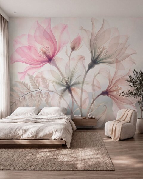 Tapet Flori delicate în nuanțe pastelate de roz și albastru, în stil acuarelă, Imagini de fundal unice, w10009 : Uwalls.ro
