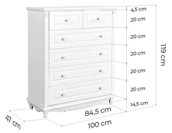 Comodă lemn masiv alb Elizabeth 6 sertare, 100 × 47 × 119 cm