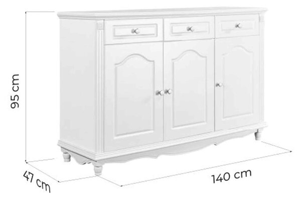 Bufet lemn masiv alb Elizabeth, 140 × 47 × 95 cm