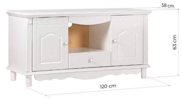 Comodă TV lemn masiv alb Elizabeth, 120 × 58 × 63 cm