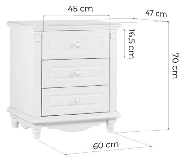 Comodă lemn masiv alb Elizabeth 3 sertare, 60 × 47 × 70 cm