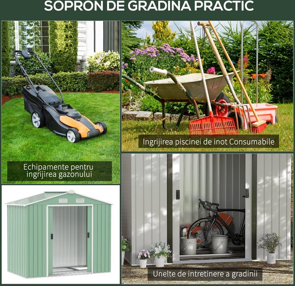 Outsunny Sopron de Gradina pentru Depozitare Unelte, 213x130x185cm, Verde Deschis