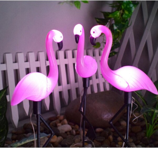Set 3 lampi solare LED, grad protectie IP65, figurina flamingo, rezistenta interperii, 300mAh, 1,2V, 52,5 cm, roz