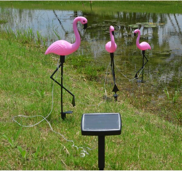 Set 3 lampi solare LED, grad protectie IP65, figurina flamingo, rezistenta interperii, 300mAh, 1,2V, 52,5 cm, roz