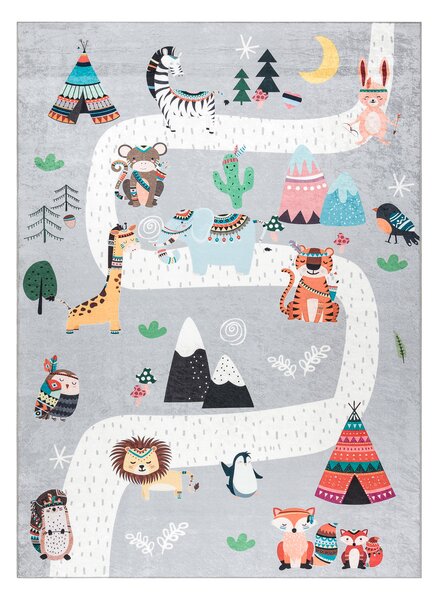 BAMBINO 2160 covor lavabil Sat indian, animale pentru copii anti-alunecare - gri