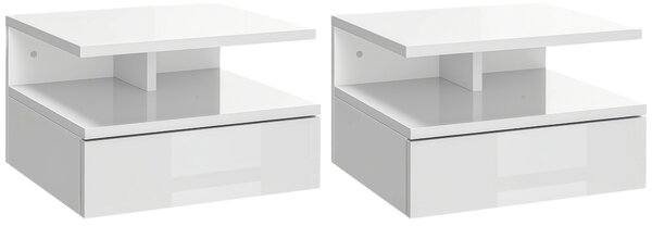 HOMCOM Set de 2 Noptiere Suspendate cu Raft Superior, Design Modern, Lemn, Alb Lucios, 35x32x22.5cm | Aosom Romania