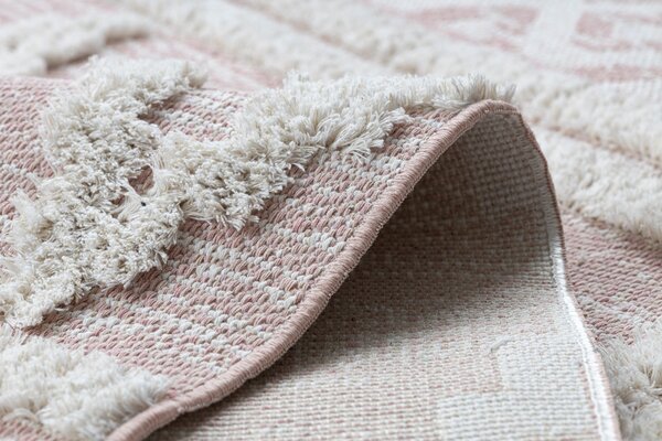 Covor ECO SISAL BOHO MOROC Caro 22297 franjuri - două niveluri de lână roz / cremă, covor reciclat