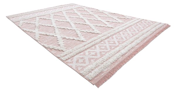 Covor ECO SISAL BOHO MOROC Caro 22297 franjuri - două niveluri de lână roz / cremă, covor reciclat