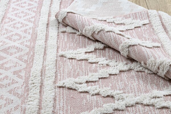 Covor ECO SISAL BOHO MOROC Caro 22297 franjuri - două niveluri de lână roz / cremă, covor reciclat