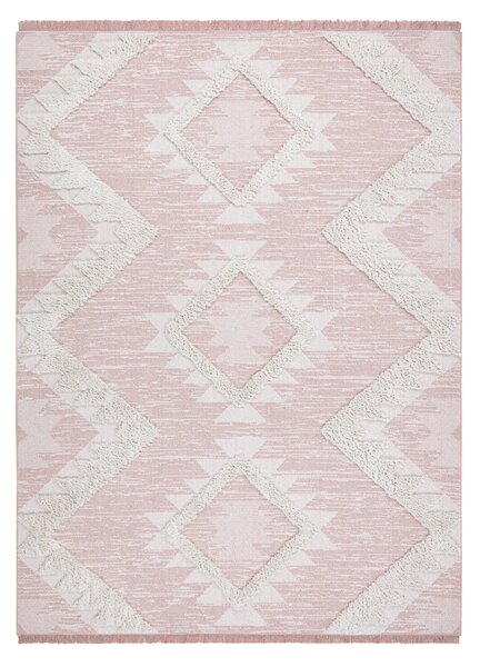 Covor ECO SISAL BOHO MOROC Caro 22312 franjuri - două niveluri de lână roz / cremă, covor reciclat