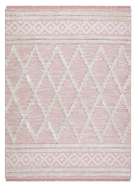 Covor ECO SISAL BOHO MOROC Caro 22297 franjuri - două niveluri de lână roz / cremă, covor reciclat