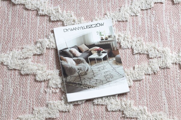 Covor ECO SISAL BOHO MOROC Caro 22297 franjuri - două niveluri de lână roz / cremă, covor reciclat