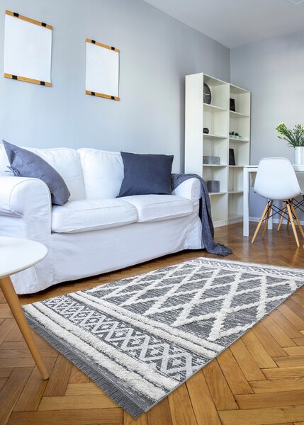 Covor ECO SISAL BOHO MOROC Caro 22297 franjuri - două niveluri de lână gri / cremă, covor reciclat