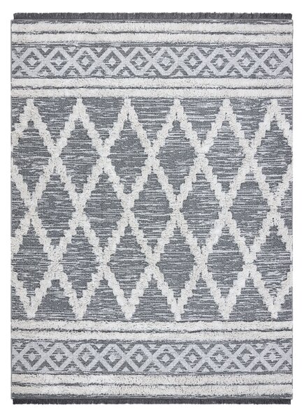 Covor ECO SISAL BOHO MOROC Caro 22297 franjuri - două niveluri de lână gri / cremă, covor reciclat
