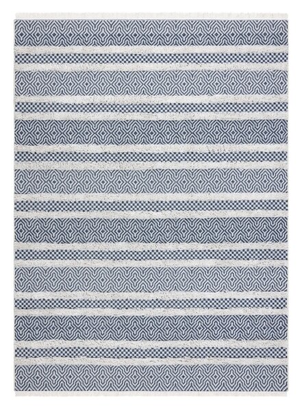 Covor ECO SISAL BOHO MOROC Linii 22328 franjuri - două niveluri de lână cremă / albastru inchis, covor reciclat