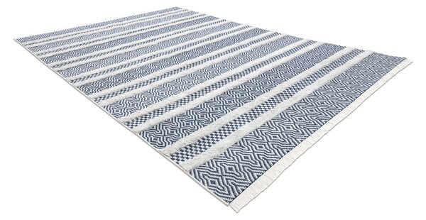 Covor ECO SISAL BOHO MOROC Linii 22328 franjuri - două niveluri de lână cremă / albastru inchis, covor reciclat