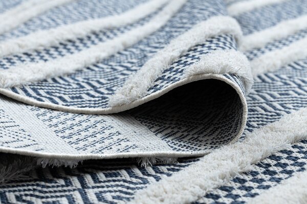 Covor ECO SISAL BOHO MOROC Linii 22328 franjuri - două niveluri de lână cremă / albastru inchis, covor reciclat