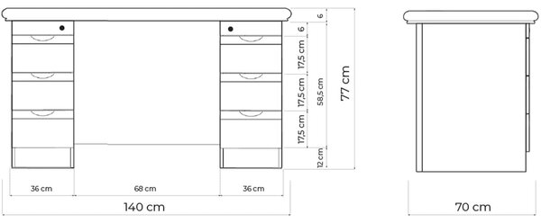 Birou lemn masiv nuc Toronto Model B2, 140 × 70 × 77 cm