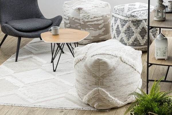 Covor ECO SISAL MOROC 22314 romburi, zigzag, boho franjuri - structural bej / cremă