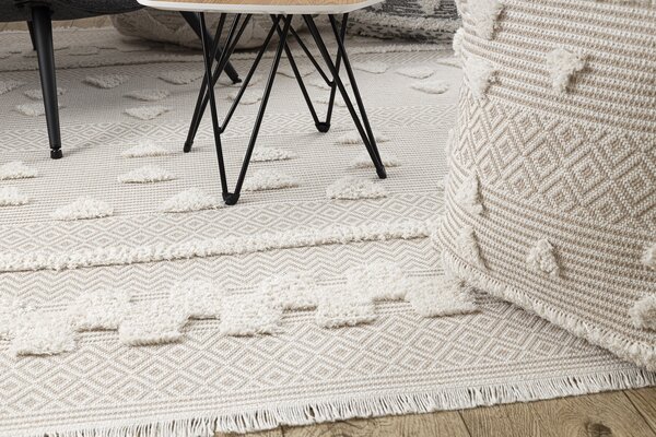 Covor ECO SISAL MOROC 22321 Triunghiurile, zigzag boho franjuri - structural bej / cremă