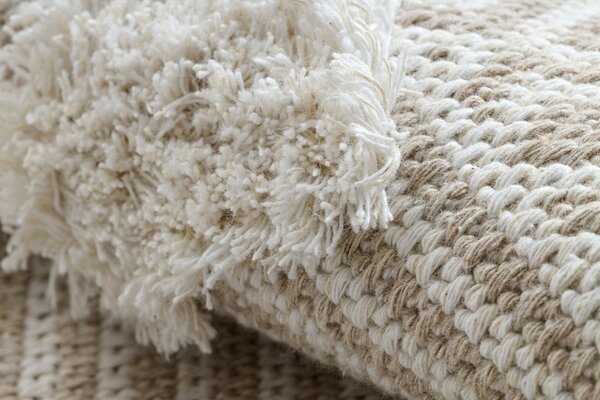 Covor ECO SISAL MOROC 22321 Triunghiurile, zigzag boho franjuri - structural bej / cremă