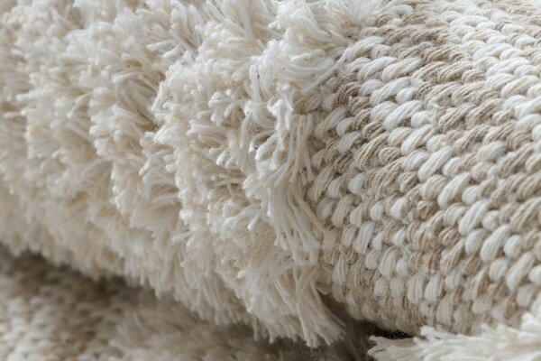Covor ECO SISAL MOROC 22322 romburi, linii, boho franjuri - structural bej / cremă