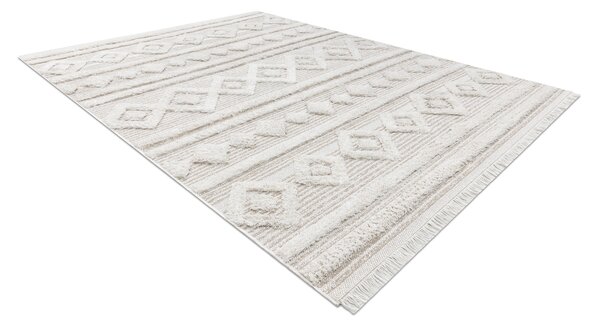 Covor ECO SISAL MOROC 22322 romburi, linii, boho franjuri - structural bej / cremă