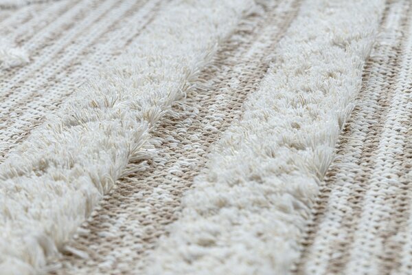 Covor ECO SISAL MOROC 22322 romburi, linii, boho franjuri - structural bej / cremă