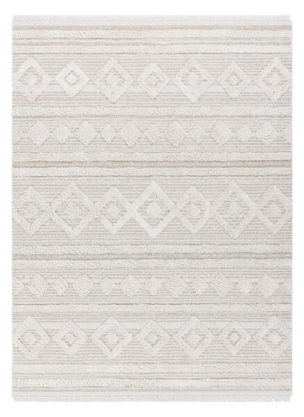 Covor ECO SISAL MOROC 22322 romburi, linii, boho franjuri - structural bej / cremă