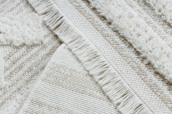 Covor ECO SISAL MOROC 22322 romburi, linii, boho franjuri - structural bej / cremă
