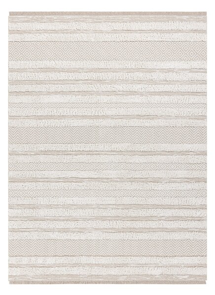 Covor ECO SISAL MOROC 22329 zigzag, linii boho franjuri - structural bej / cremă