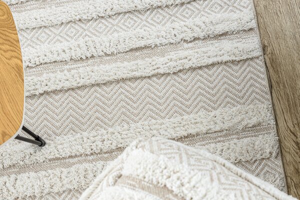 Covor ECO SISAL MOROC 22329 zigzag, linii boho franjuri - structural bej / cremă