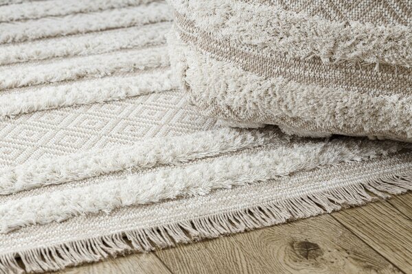 Covor ECO SISAL MOROC 22329 zigzag, linii boho franjuri - structural bej / cremă