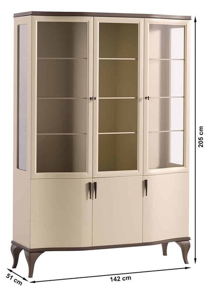 Vitrină lemn masiv nuc cu trei usi Leona Crem-, 142 × 51 × 205 cm