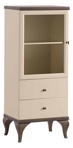 Vitrină lemn masiv nuc Leona Crem-, 56 × 42 × 132 cm