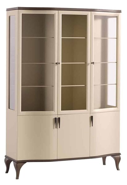 Vitrină lemn masiv nuc cu trei usi Leona Crem-, 142 × 51 × 205 cm