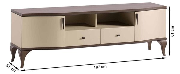 Comodă TV lemn masiv nuc Leona Crem-, 187 × 51 × 61 cm