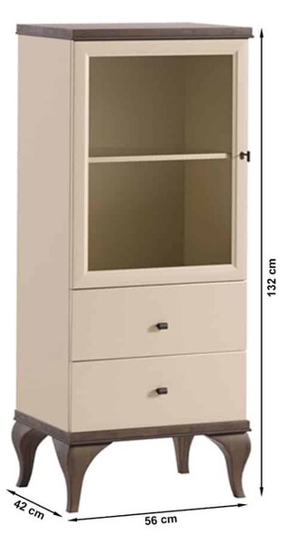 Vitrină lemn masiv nuc Leona Crem-, 56 × 42 × 132 cm