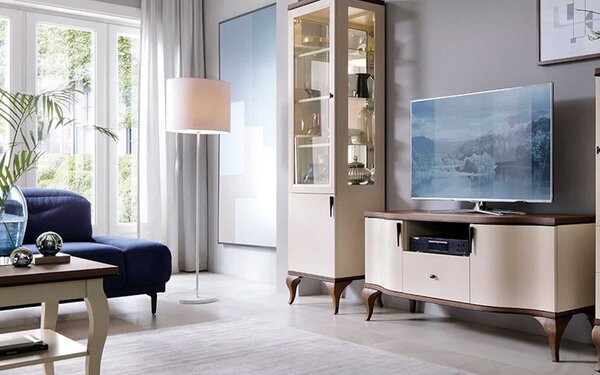 Comodă TV lemn masiv nuc Leona Crem-, 147 × 51 × 61 cm