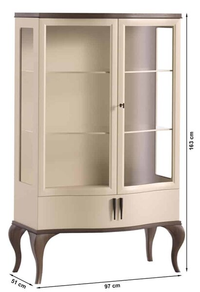 Vitrină lemn masiv nuc cu doua usi Leona Crem-, 97 × 51 × 163 cm