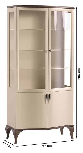 Vitrină lemn masiv nuc cu doua usi Leona Crem-, 97 × 51 × 205 cm