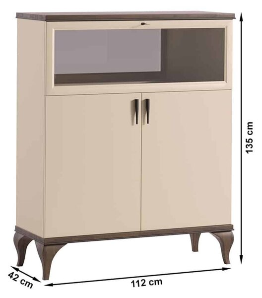 Comodă lemn masiv nuc bar Leona Crem-, 112 × 42 × 135 cm