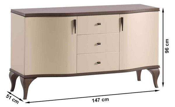 Comodă lemn masiv nuc Leona Crem-, 147 × 51 × 96 cm